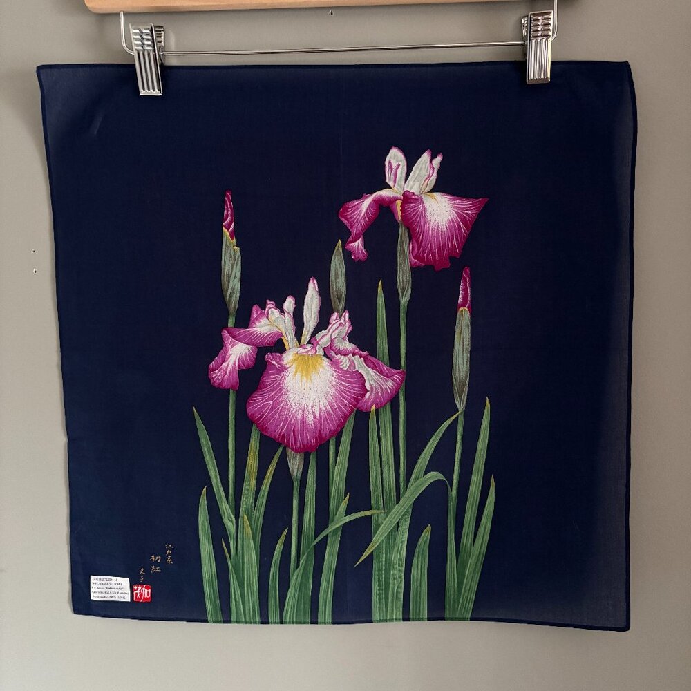 Vintage Japanese Iris Handprinted Cotton Scarf